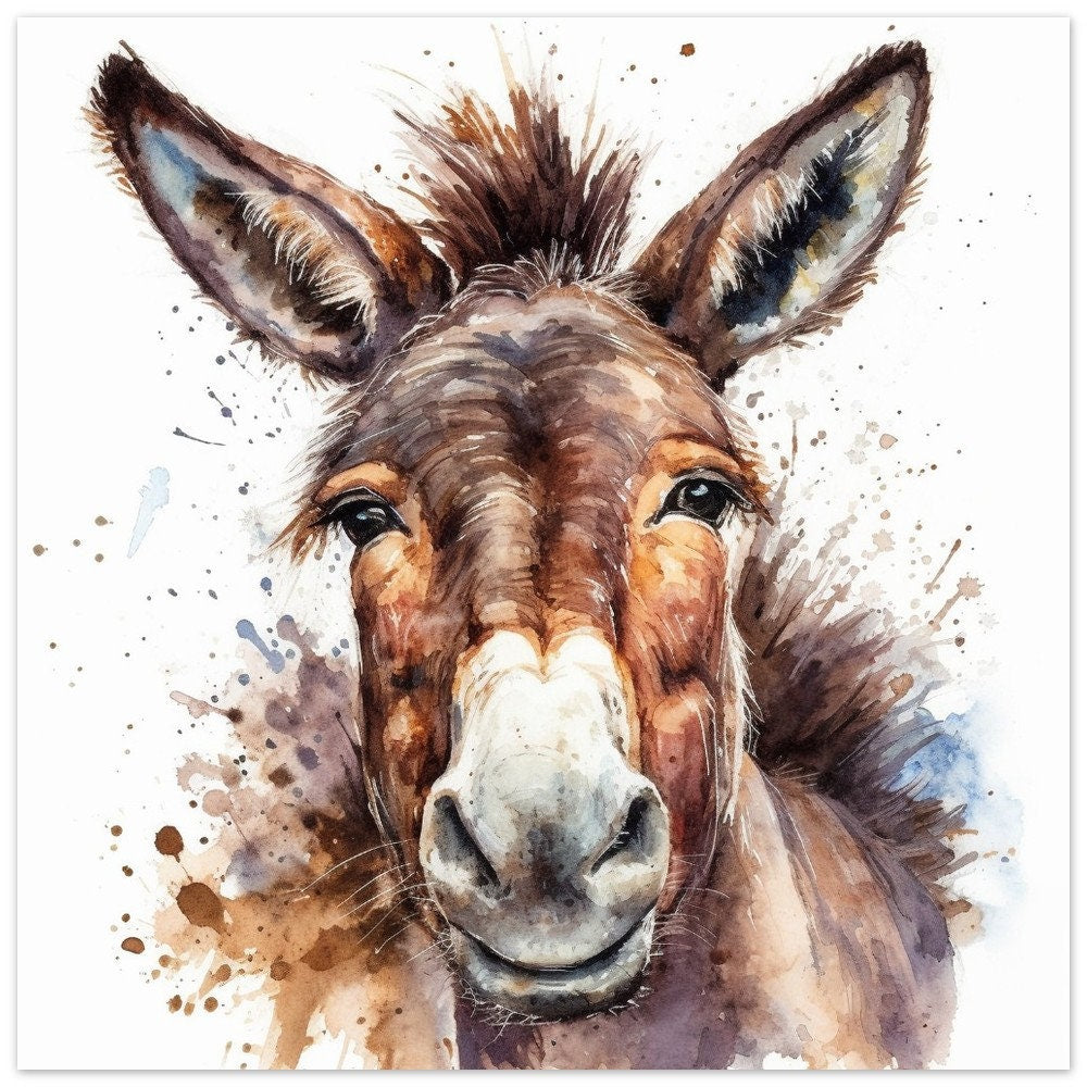 Happy Donkey Premium Print - Unframed Watercolor Poster - Wildlife Animal Wall Art, Farm Animal, Farmer Gift - CanvasityCrafts - Free Shipping