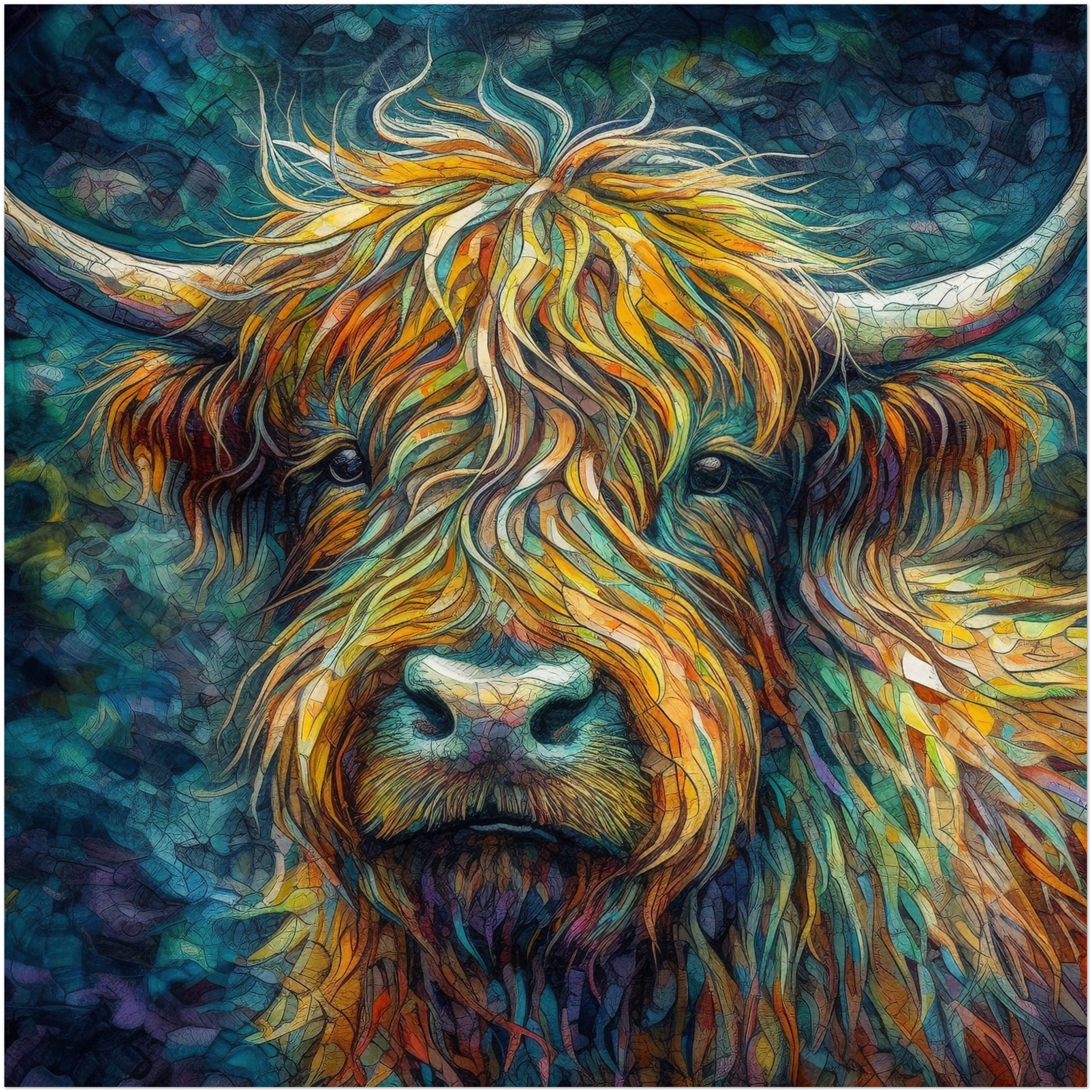 Beautifuloil painting style wall art of a Shaggy Highland Cow. The cow is detailed with vibrant colours and highlights through its wavy hair and around its horns.