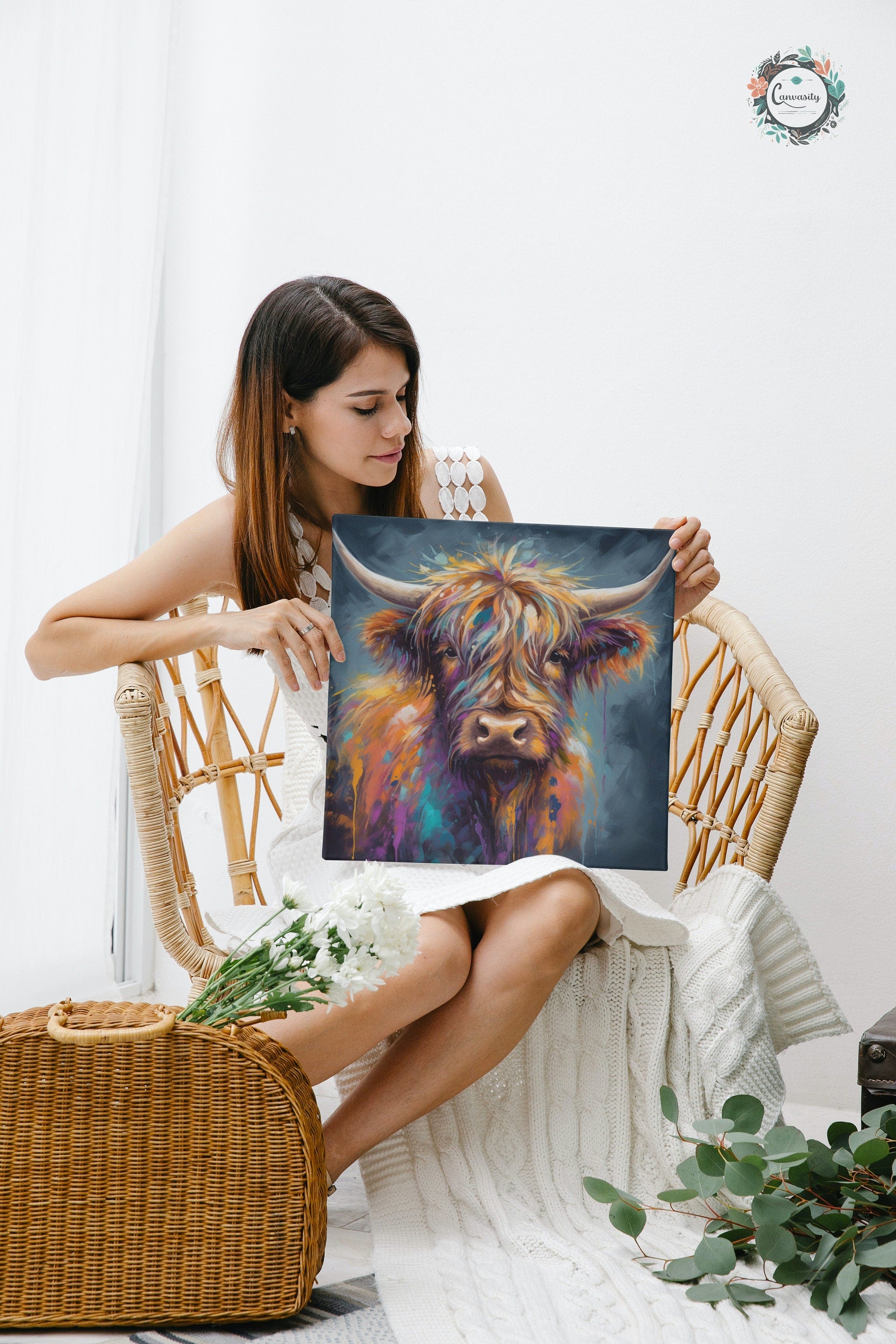 Highland Cow Portrait - Canvas Print, Pine Wooden Frame or Unframed Matte Paper Options - CanvasityCrafts - Free Shipping