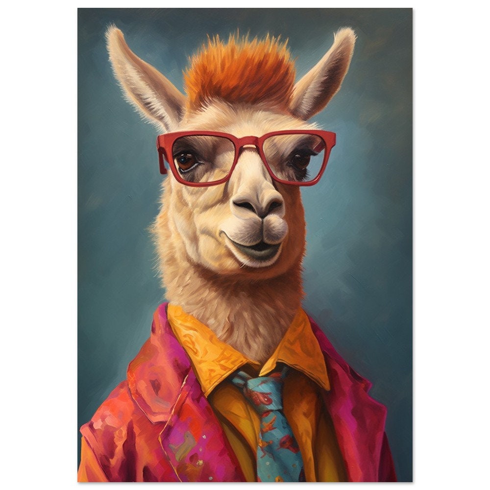 Llama Wearing Glasses & Suit Print. Unframed Premium Watercolor Painting Poster Multicolor Animal Wall Art, Funny Farm Decor, Vintage Farmer - CanvasityCrafts - Free Shipping