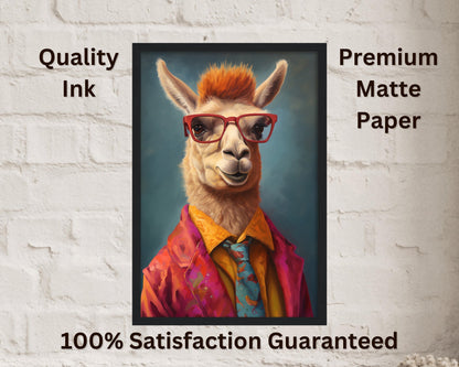 Llama Wearing Glasses & Suit Print. Unframed Premium Watercolor Painting Poster Multicolor Animal Wall Art, Funny Farm Decor, Vintage Farmer - CanvasityCrafts - Free Shipping