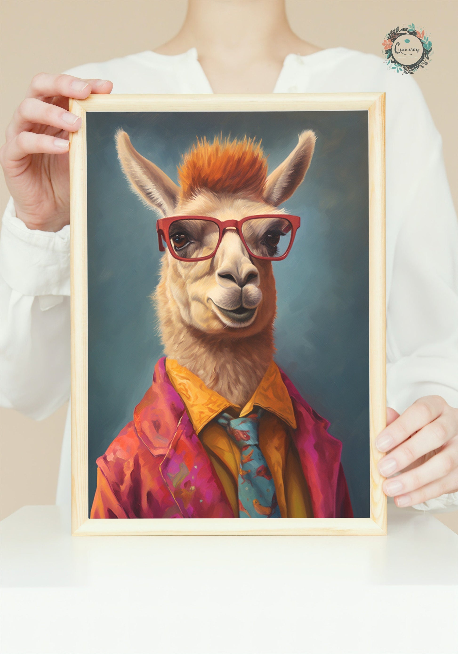 Llama Wearing Glasses & Suit Print. Unframed Premium Watercolor Painting Poster Multicolor Animal Wall Art, Funny Farm Decor, Vintage Farmer - CanvasityCrafts - Free Shipping