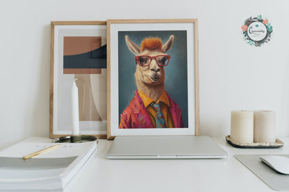 Llama Wearing Glasses & Suit Print. Unframed Premium Watercolor Painting Poster Multicolor Animal Wall Art, Funny Farm Decor, Vintage Farmer - CanvasityCrafts - Free Shipping