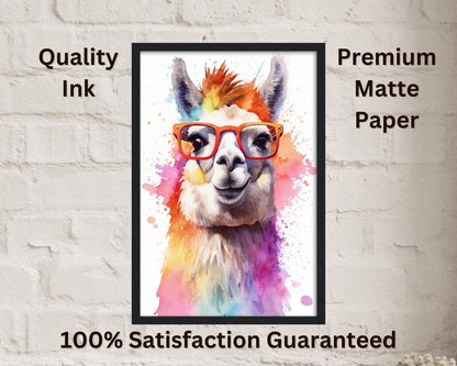 Watercolor Llama with Glasses - Multicolor Unframed Premium Painting Poster Print - Animal Wall Art, Funny Farm Decor, Colourful Farmer Gift - CanvasityCrafts - Free Shipping