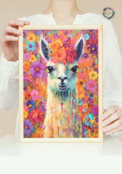 Pop Art Llama with Flowers Unframed Premium Watercolor Painting Poster Print - Multicolor Animal Wall Art, Funny Farm Decor, Farmer Gift - CanvasityCrafts - Free Shipping