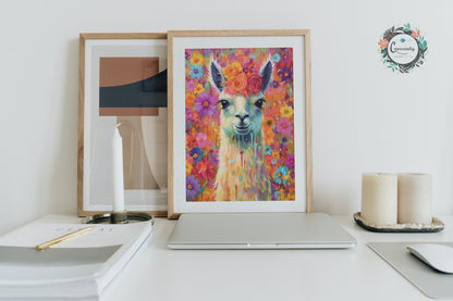 Pop Art Llama with Flowers Unframed Premium Watercolor Painting Poster Print - Multicolor Animal Wall Art, Funny Farm Decor, Farmer Gift - CanvasityCrafts - Free Shipping