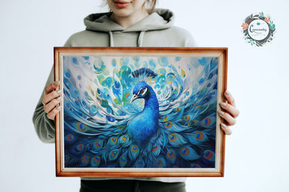 Incredible Peacock Wall Art Print - Unframed Colorful Blue Swirls Gift for Bird Lovers, Farmer, Mom or Dad, Bird Painting - CanvasityCrafts - Free Shipping