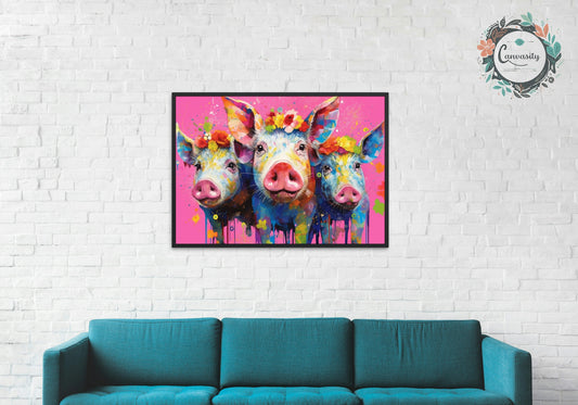 Three Colorful Flower Pigs! Rainbow Animal Wall Art Floral Poster Print. Piglet lover gift, farmer, mom. Nursery Print, Bedroom Bathroom Art - CanvasityCrafts - Free Shipping