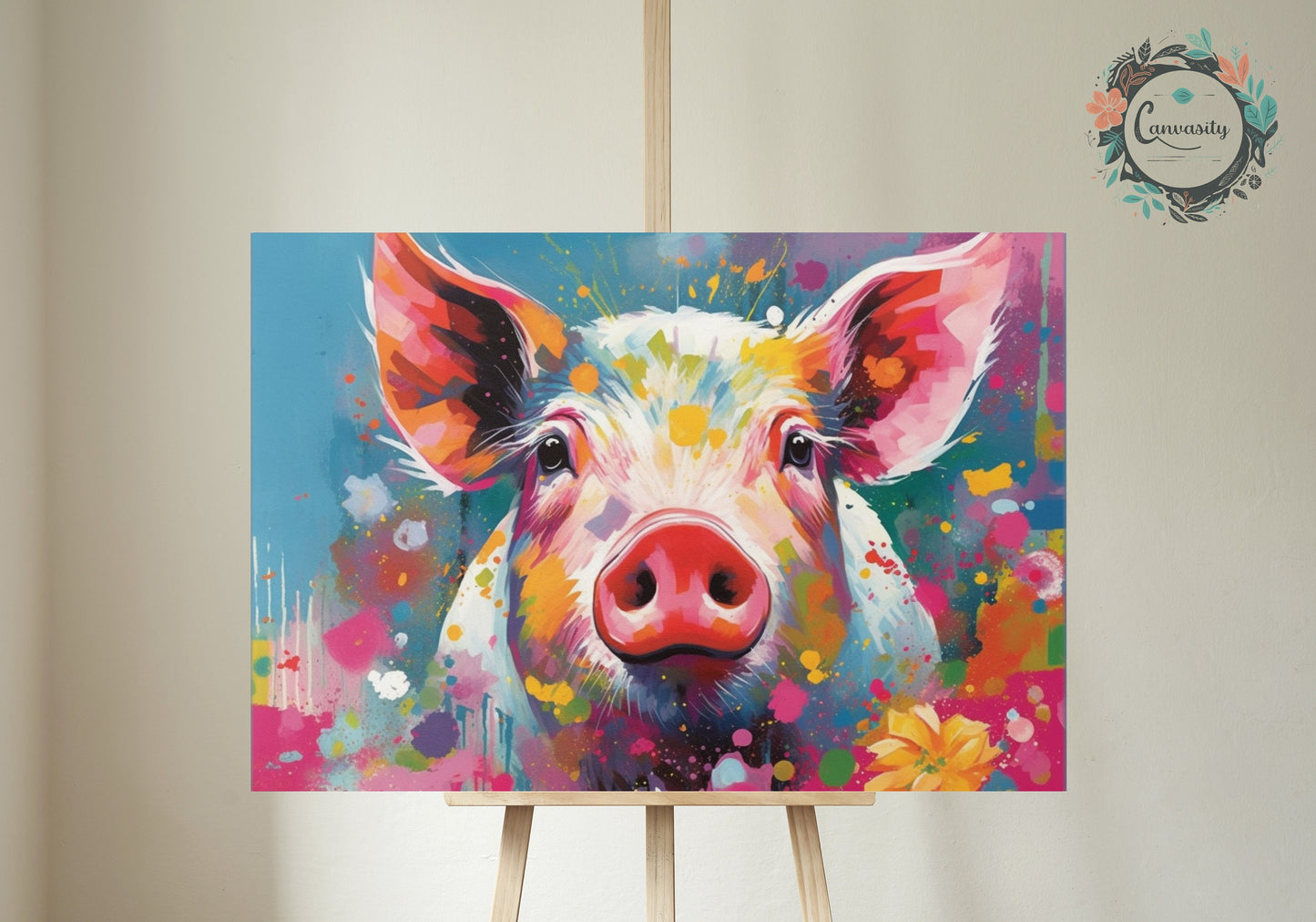 Colorful Pig Poster. Rainbow Animal Wall Art Floral Print. Gift for piglet lover, farmer, mom. Nursery Print, Bedroom Bathroom Office Art - CanvasityCrafts - Free Shipping