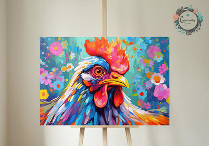 Colorful Rooster Poster. Rainbow Animal Wall Art Floral Print. chicken lover gift, farmer, mom. Nursery Print, Bedroom Bathroom Office Art - CanvasityCrafts - Free Shipping