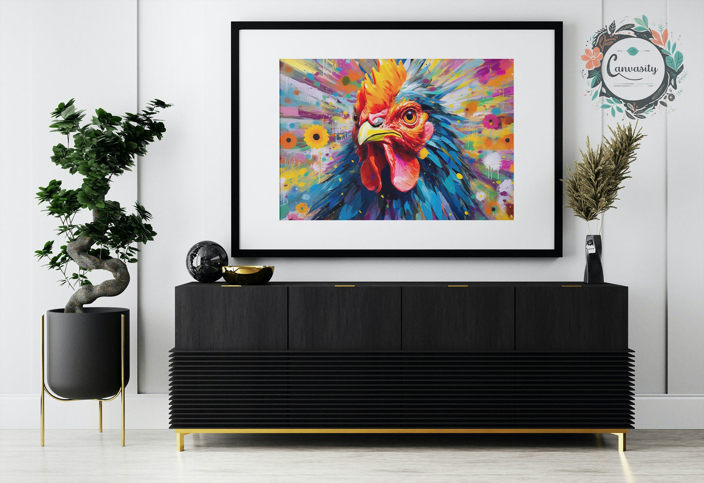 Colorful Rooster Poster. Rainbow Animal Wall Art Floral Print. chicken lover, farmer, mom gift. Nursery Print, Bedroom Bathroom Office Art - CanvasityCrafts - Free Shipping