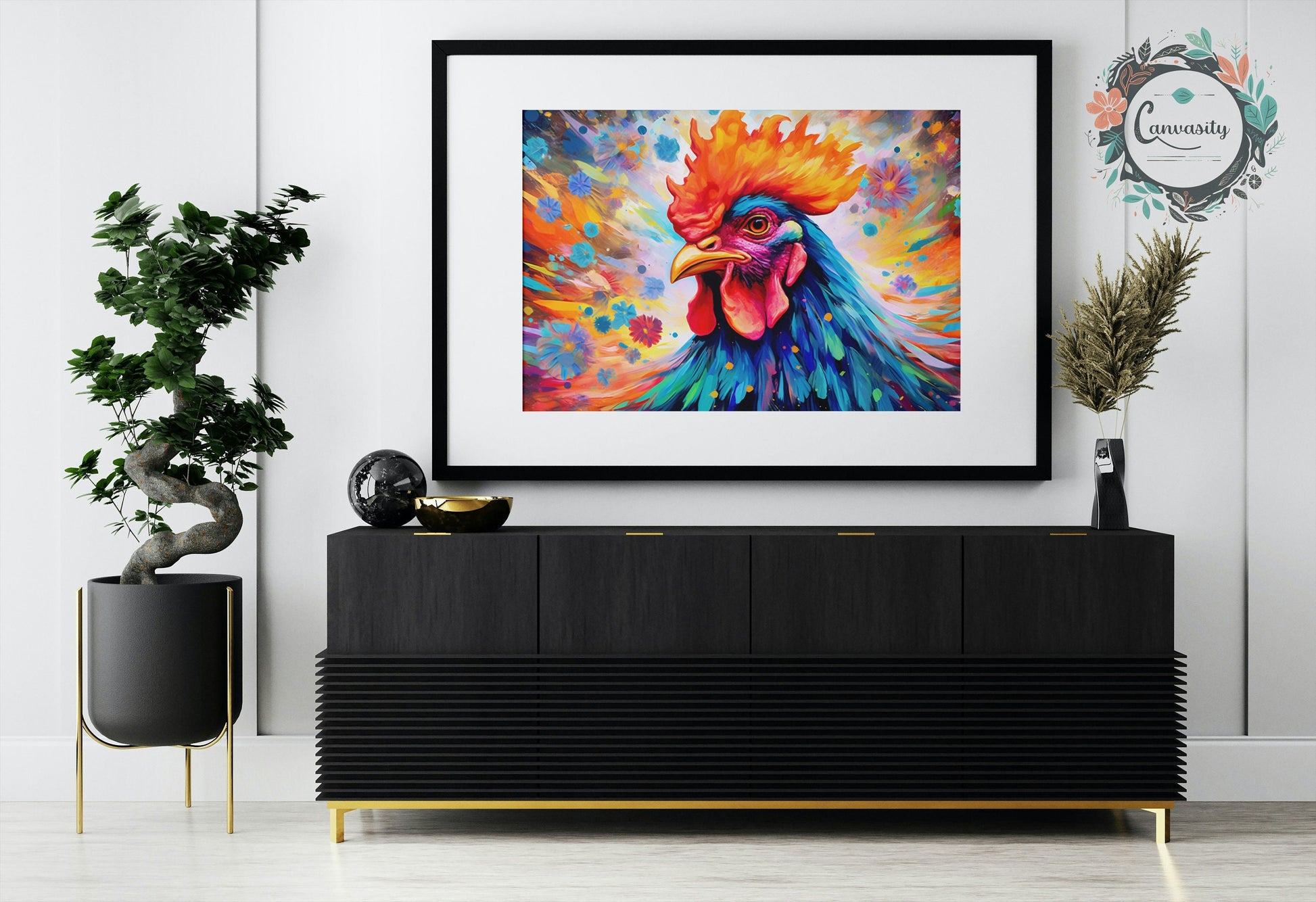 Multi-colour Rooster Poster Print. Colourful Animal Wall Art for Chicken lover, farmer, mom gift. Pop Art Watercolor Watercolour Farm Decor - CanvasityCrafts - Free Shipping