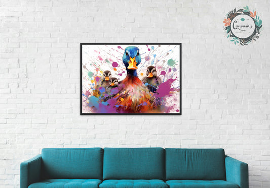 Colorful Mother Duck and Ducklings Poster. Rainbow Animal Wall Art Floral Print. Gift for duck lover, farmer, mom. Bathroom, Office Print - CanvasityCrafts - Free Shipping