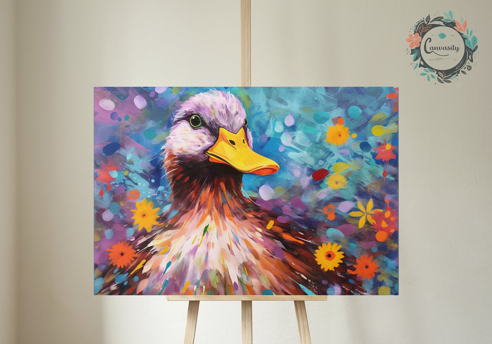 Colorful Duck Poster. Rainbow Animal Wall Art Floral Print. Gift for duck lover, farmer, mom. Nursery Print, Bedroom Bathroom Office Art - CanvasityCrafts - Free Shipping