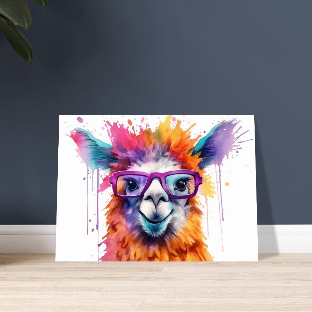 Watercolor Llama with Glasses Funny Print - Colorful Animal Wall Art Painting Poster, Farmer Gift, Alpaca Farm Decor - CanvasityCrafts - Free Shipping