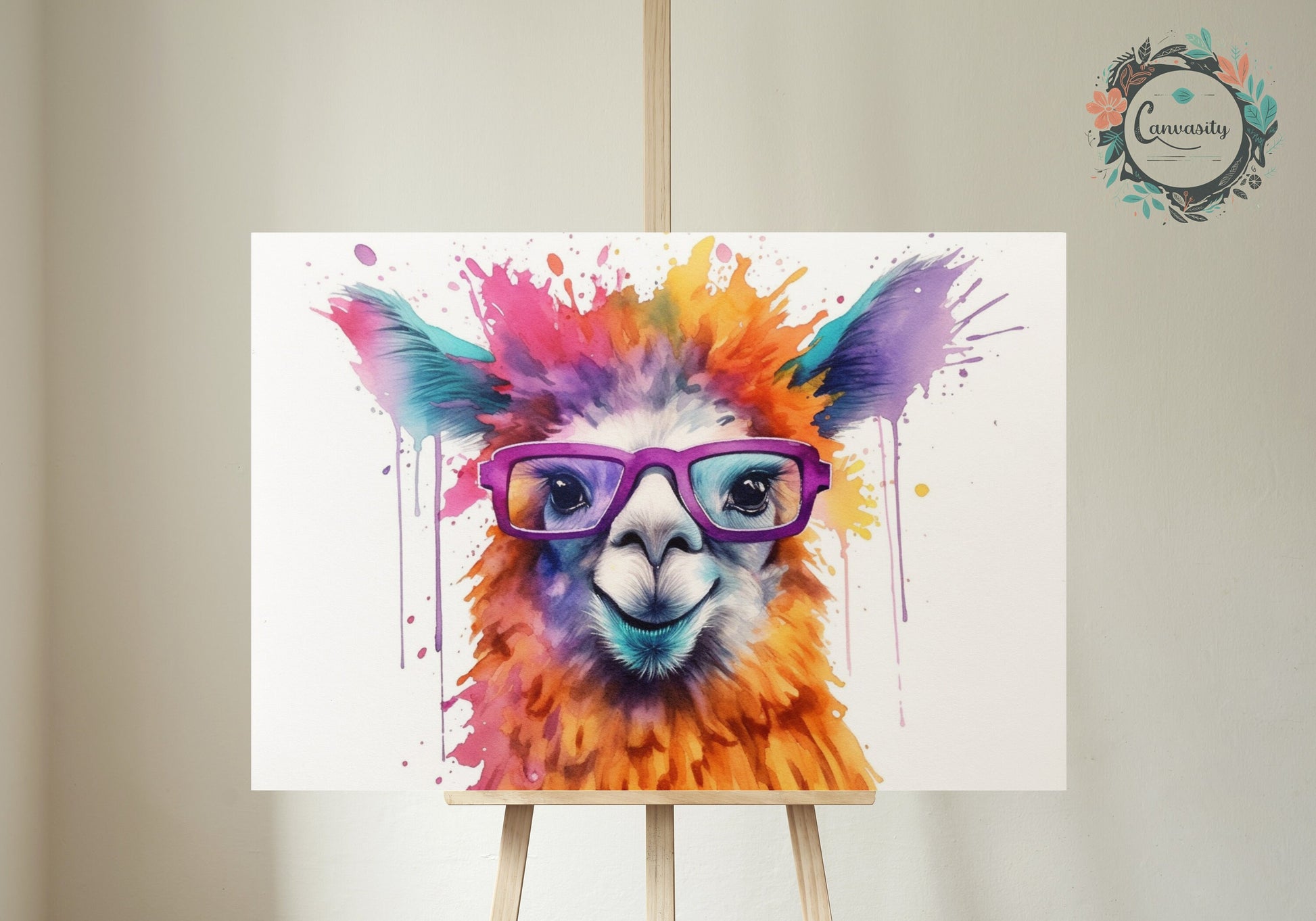 Watercolor Llama with Glasses Funny Print - Colorful Animal Wall Art Painting Poster, Farmer Gift, Alpaca Farm Decor - CanvasityCrafts - Free Shipping