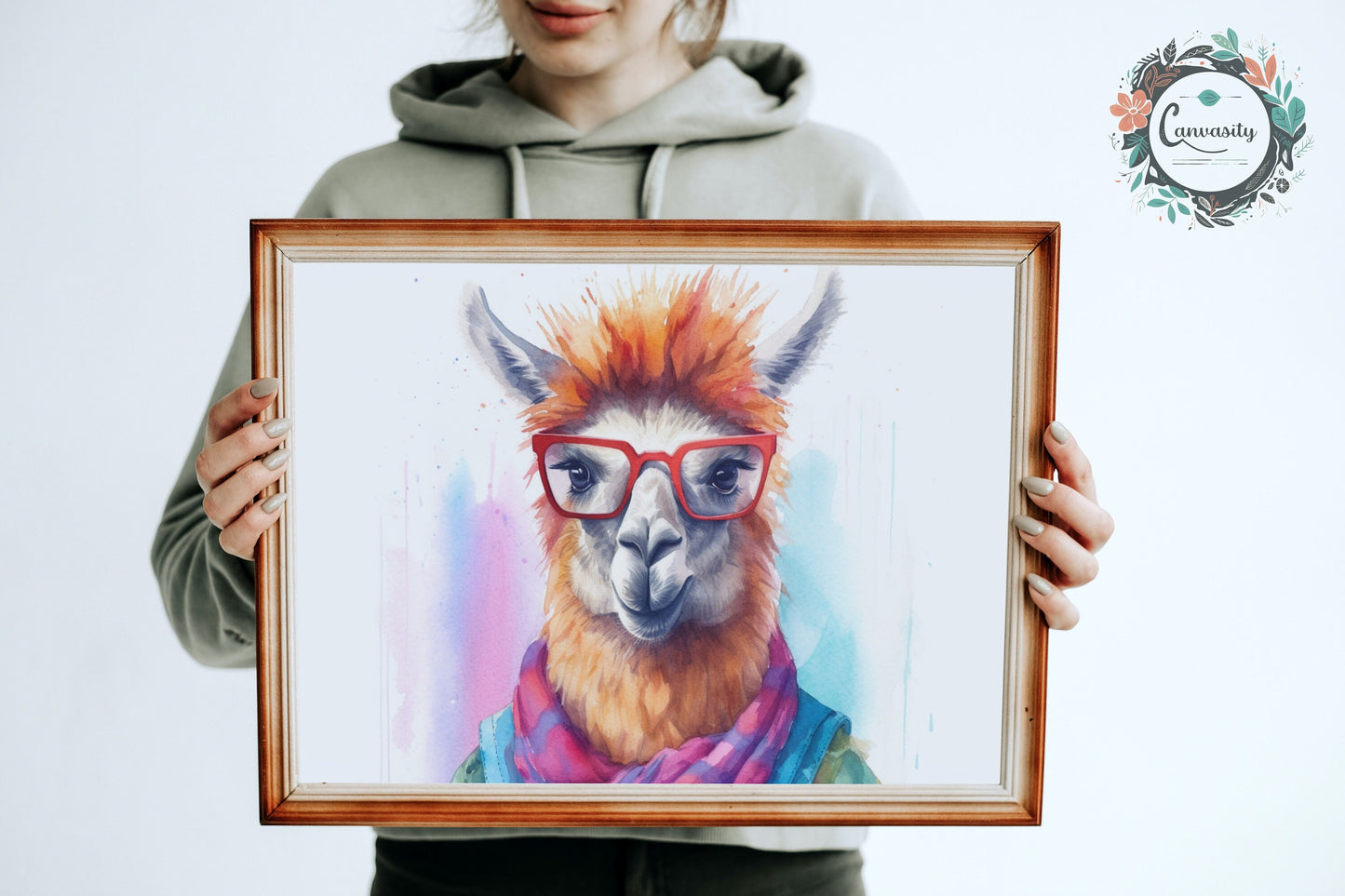 Watercolor Llama with Glasses Funny Print - Colorful Animal Wall Art Painting Poster, Farmer Gift, Alpaca Farm Decor - CanvasityCrafts - Free Shipping