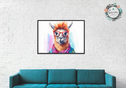 Watercolor Llama with Glasses Funny Print - Colorful Animal Wall Art Painting Poster, Farmer Gift, Alpaca Farm Decor - CanvasityCrafts - Free Shipping