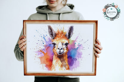 Watercolor Happy Llama Print - Colorful Animal Wall Art Painting Poster, Farmer Gift, Alpaca Funny Farm Decor - CanvasityCrafts - Free Shipping