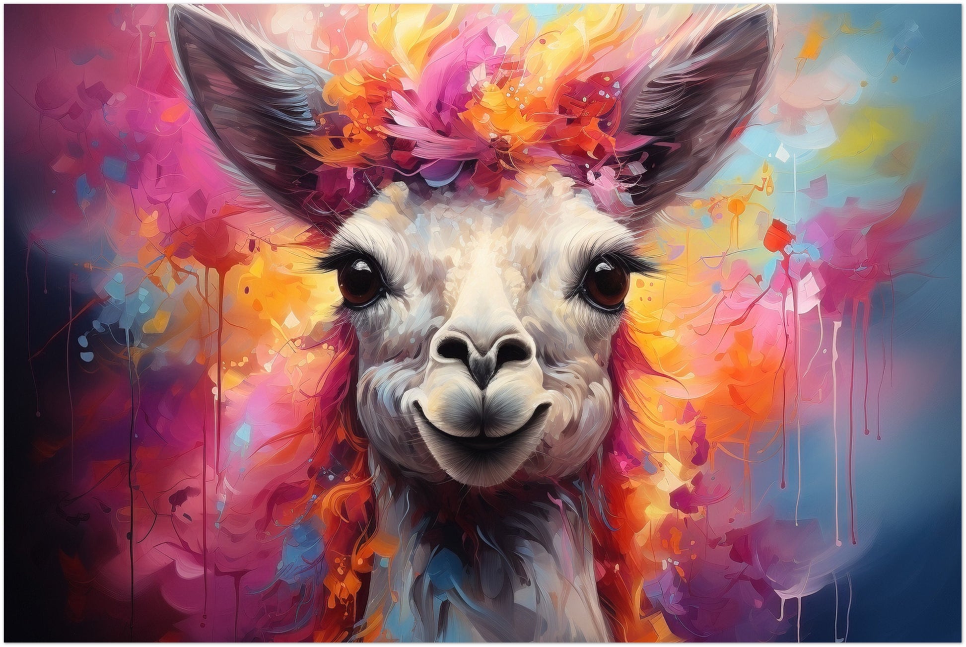 Floral Llama Print - Colorful Flowers Animal Wall Art Painting Poster, Farmer Gift, Alpaca Funny Farm Decor - CanvasityCrafts - Free Shipping