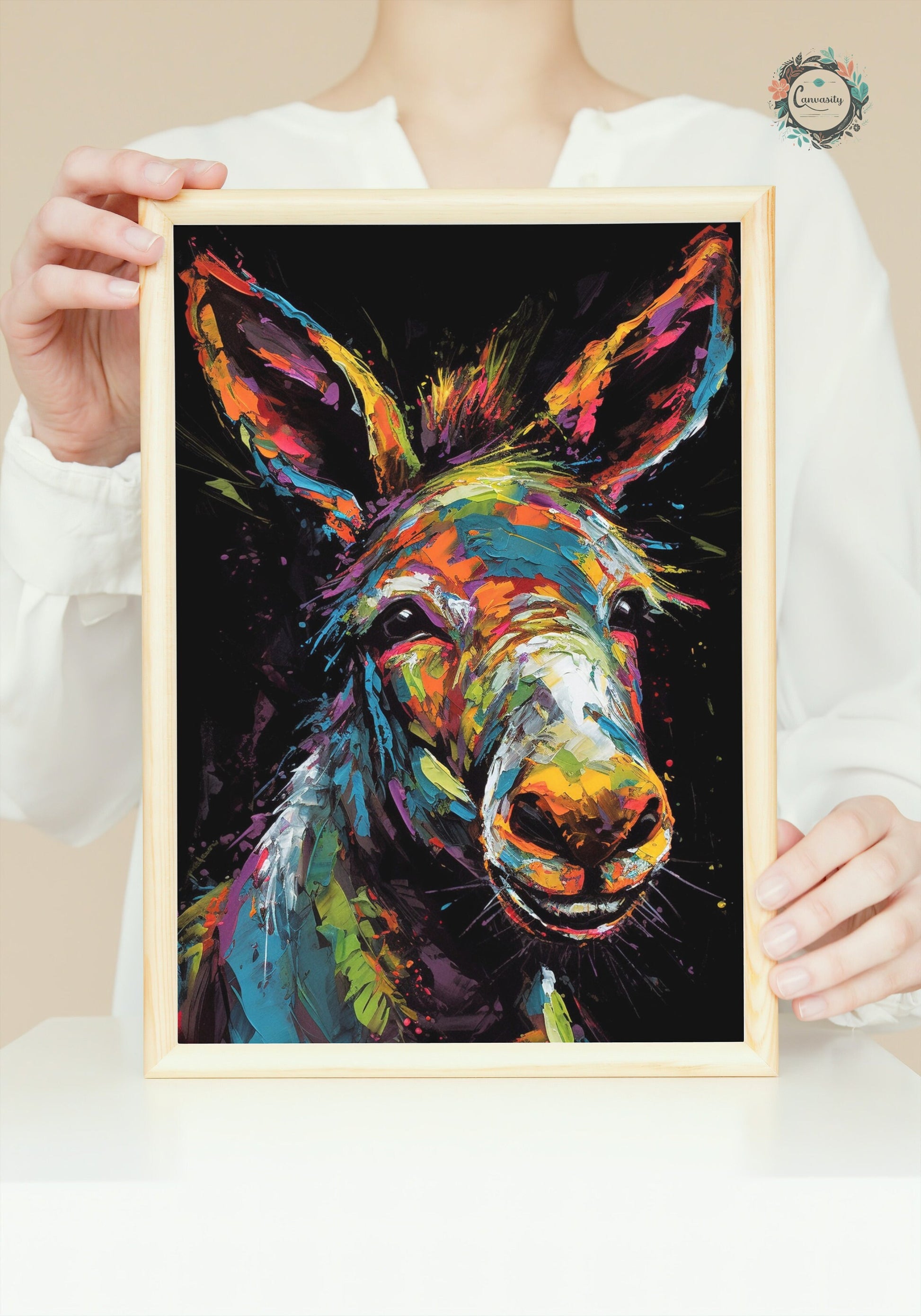 Happy Rainbow Donkey Premium Print - Unframed Pop Art Style Poster - Wildlife Animal Wall Art, Farm Animal, Farmer Gift - CanvasityCrafts - Free Shipping