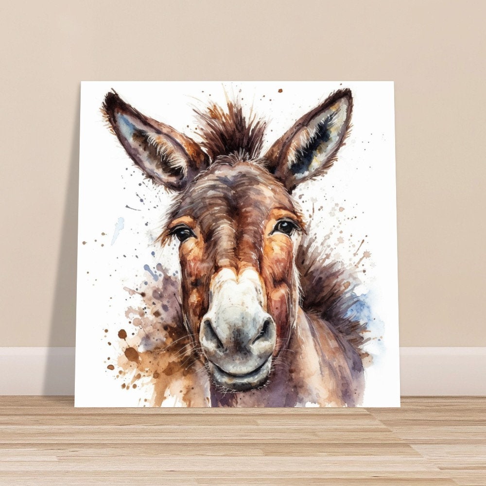 Happy Donkey Premium Print - Unframed Watercolor Poster - Wildlife Animal Wall Art, Farm Animal, Farmer Gift - CanvasityCrafts - Free Shipping