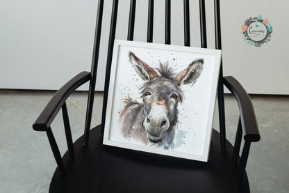 Happy Donkey Premium Print - Unframed Watercolor Poster - Wildlife Animal Wall Art, Farm Animal, Farmer Gift - CanvasityCrafts - Free Shipping