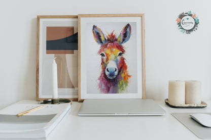 Rainbow Donkey Premium Print - Unframed Watercolor Poster - Wildlife Animal Wall Art, Farm Animal, Farmer Gift - CanvasityCrafts - Free Shipping