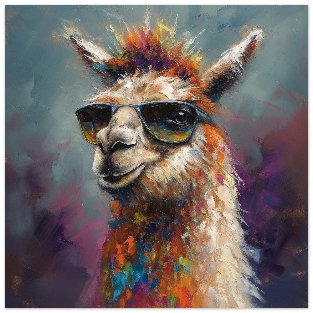 Colorful Llama with Gasses - Multicolor Unframed Premium Painting Poster Print - Animal Wall Art, Funny Farm Decor, Farmer Gift, Rainbow - CanvasityCrafts - Free Shipping