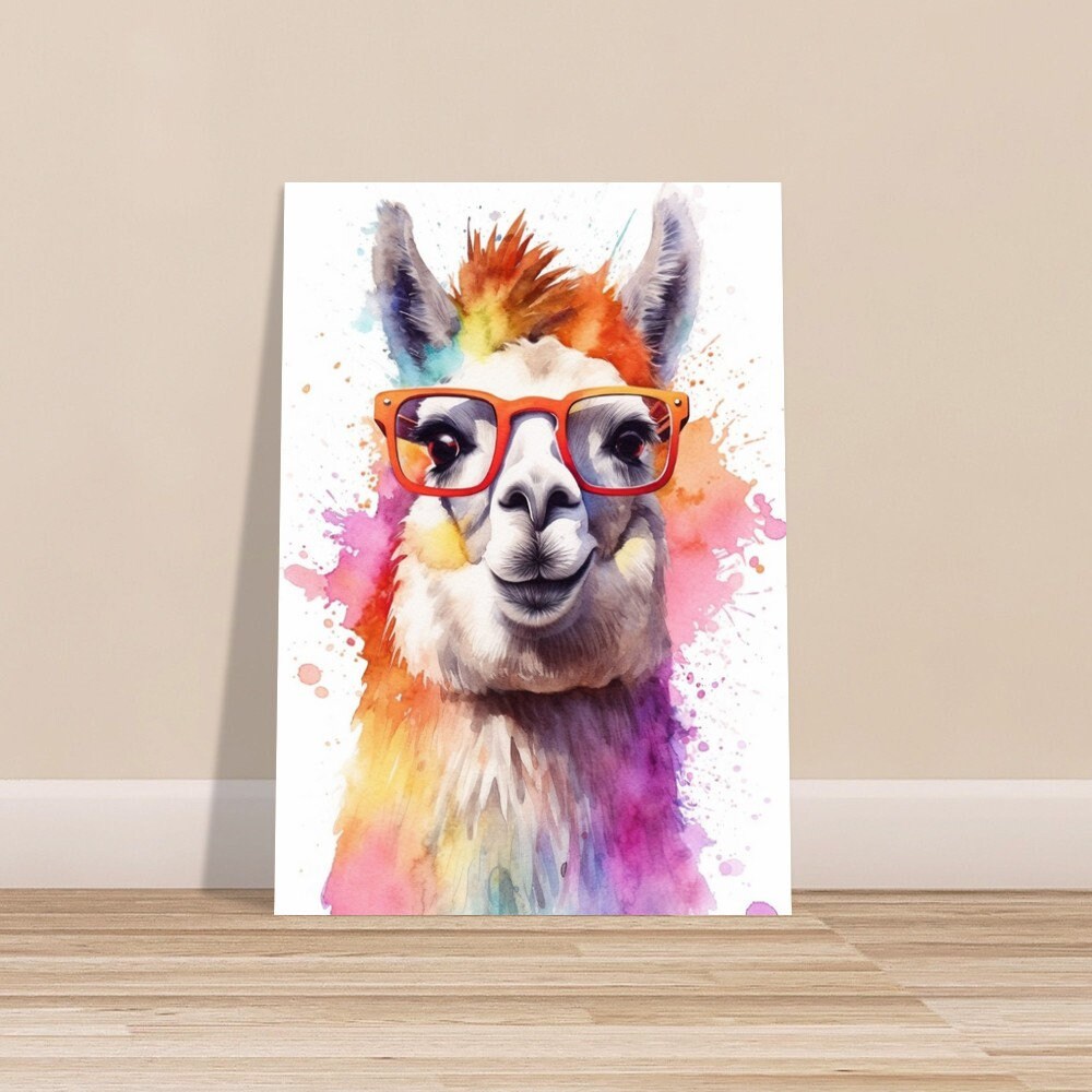 Watercolor Llama with Glasses - Multicolor Unframed Premium Painting Poster Print - Animal Wall Art, Funny Farm Decor, Colourful Farmer Gift - CanvasityCrafts - Free Shipping