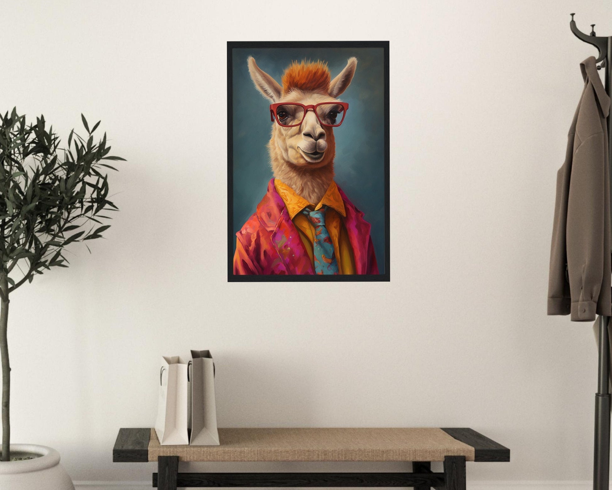 Llama Wearing Glasses & Suit Print. Unframed Premium Watercolor Painting Poster Multicolor Animal Wall Art, Funny Farm Decor, Vintage Farmer - CanvasityCrafts - Free Shipping