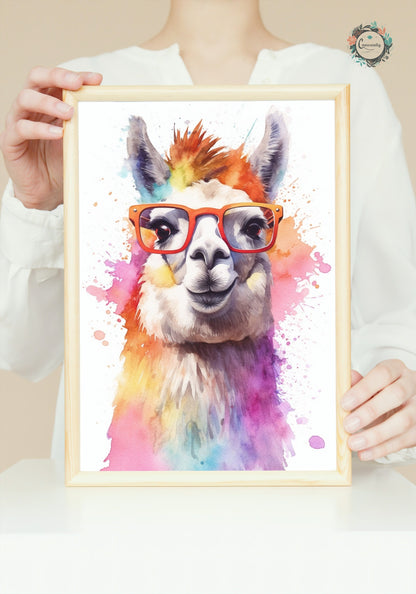 Watercolor Llama with Glasses - Multicolor Unframed Premium Painting Poster Print - Animal Wall Art, Funny Farm Decor, Colourful Farmer Gift - CanvasityCrafts - Free Shipping