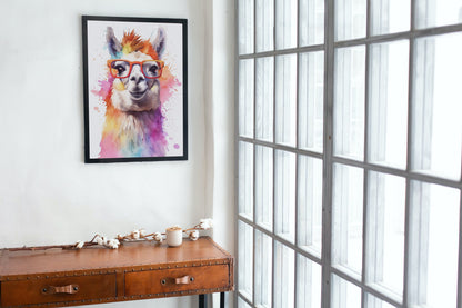 Watercolor Llama with Glasses - Multicolor Unframed Premium Painting Poster Print - Animal Wall Art, Funny Farm Decor, Colourful Farmer Gift - CanvasityCrafts - Free Shipping