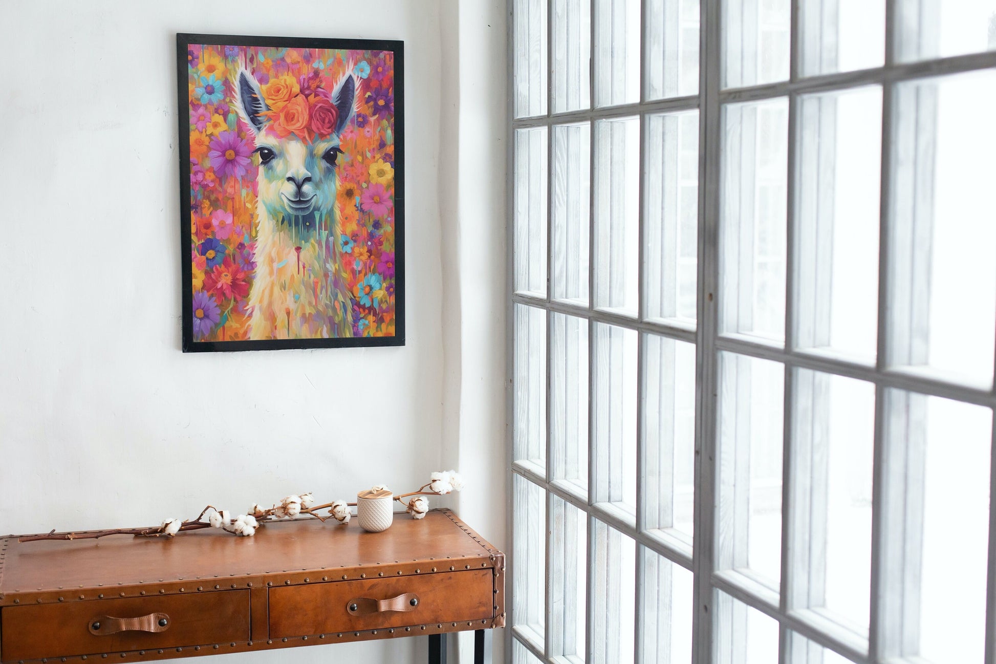 Pop Art Llama with Flowers Unframed Premium Watercolor Painting Poster Print - Multicolor Animal Wall Art, Funny Farm Decor, Farmer Gift - CanvasityCrafts - Free Shipping