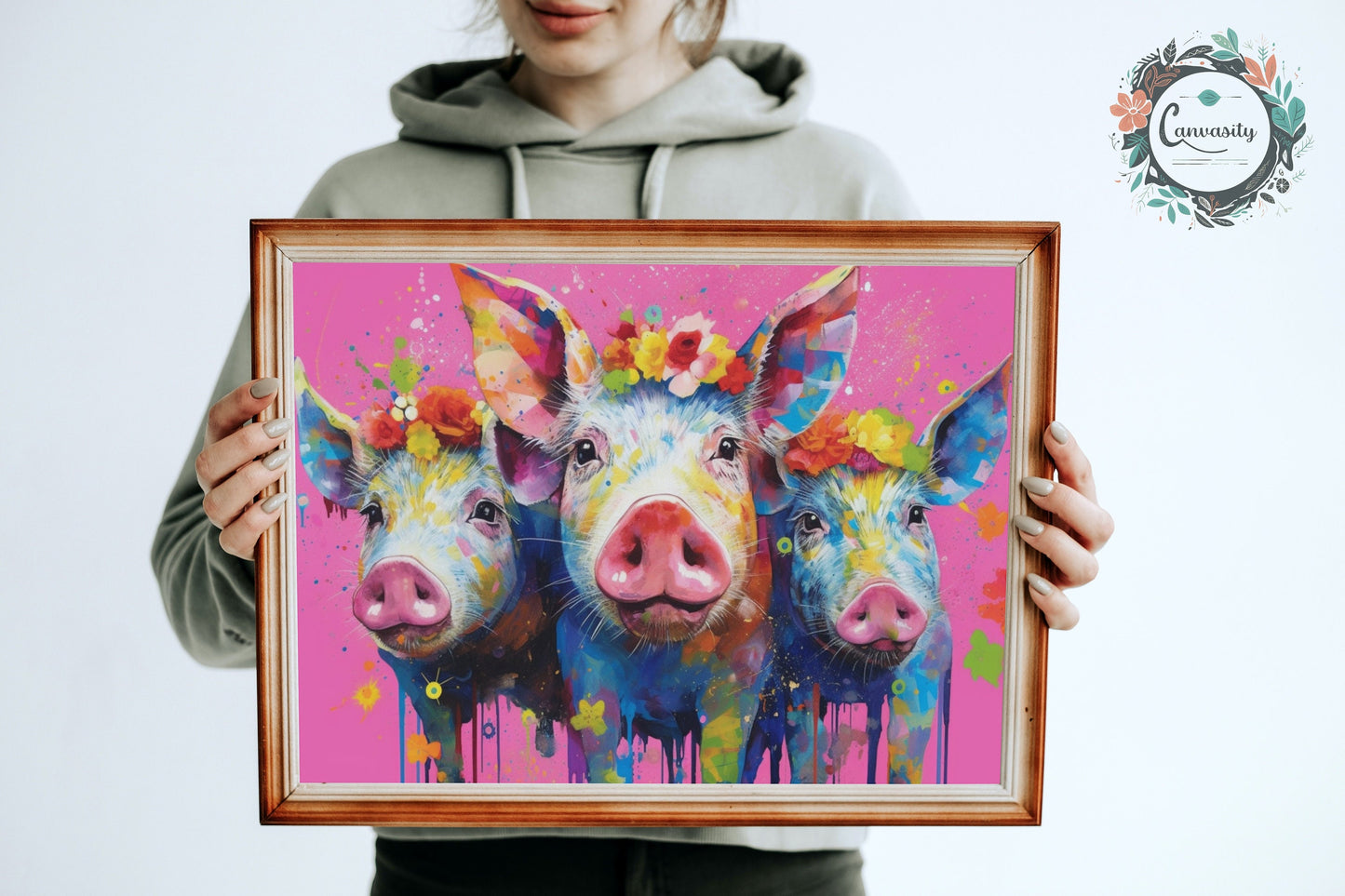 Three Colorful Flower Pigs! Rainbow Animal Wall Art Floral Poster Print. Piglet lover gift, farmer, mom. Nursery Print, Bedroom Bathroom Art - CanvasityCrafts - Free Shipping