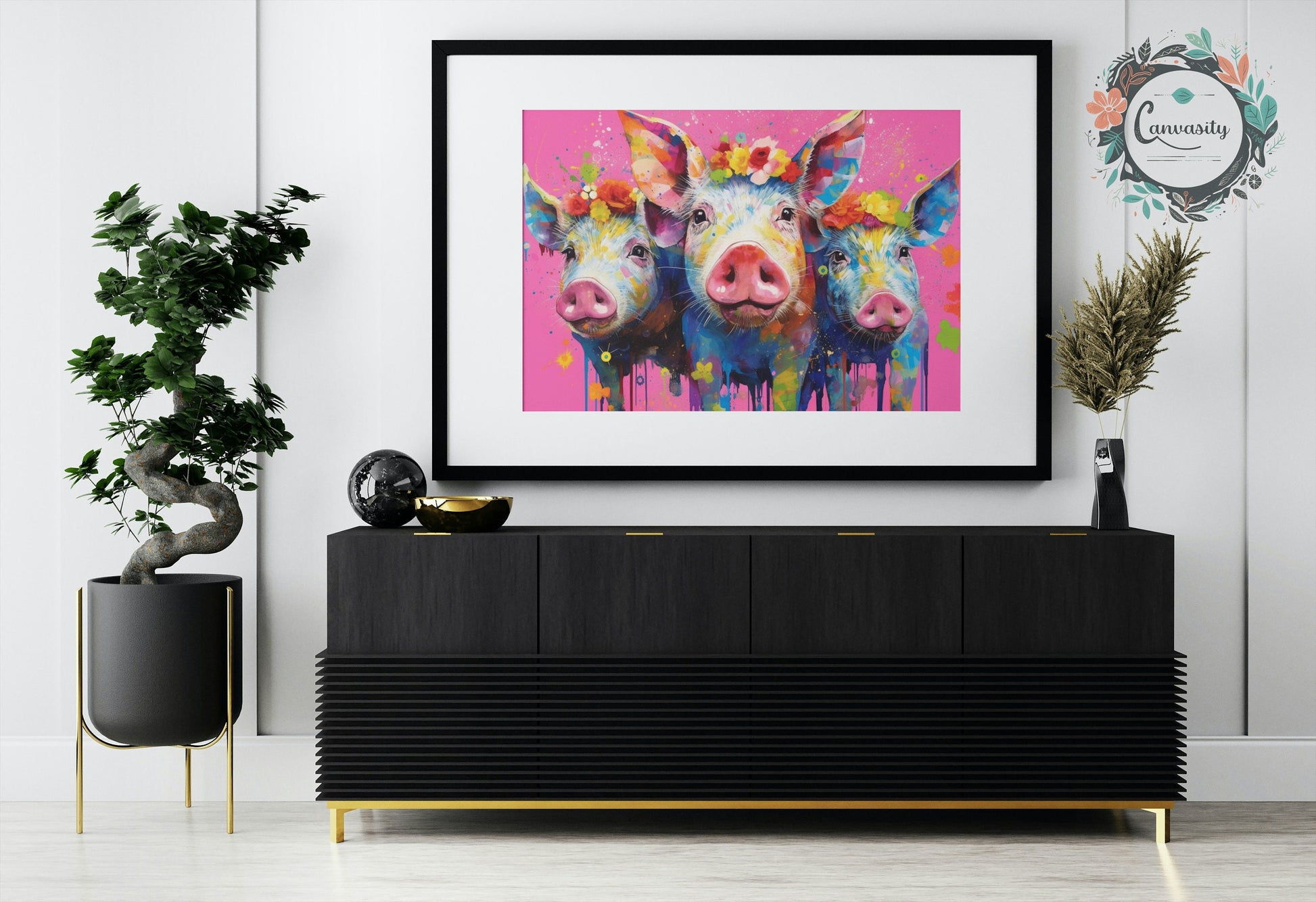 Three Colorful Flower Pigs! Rainbow Animal Wall Art Floral Poster Print. Piglet lover gift, farmer, mom. Nursery Print, Bedroom Bathroom Art - CanvasityCrafts - Free Shipping