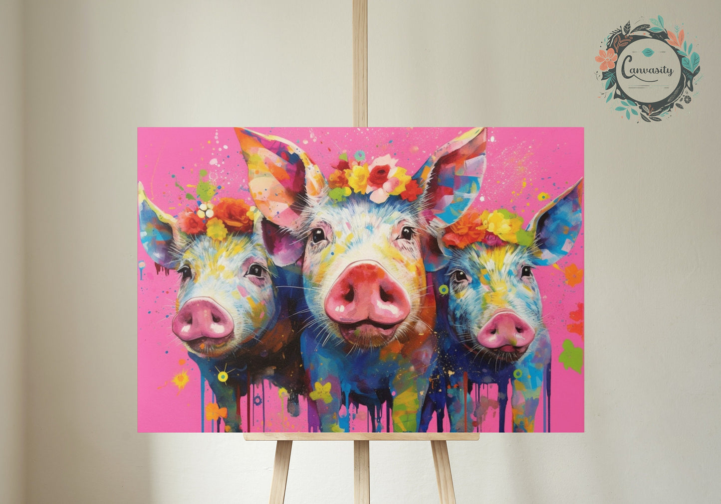 Three Colorful Flower Pigs! Rainbow Animal Wall Art Floral Poster Print. Piglet lover gift, farmer, mom. Nursery Print, Bedroom Bathroom Art - CanvasityCrafts - Free Shipping