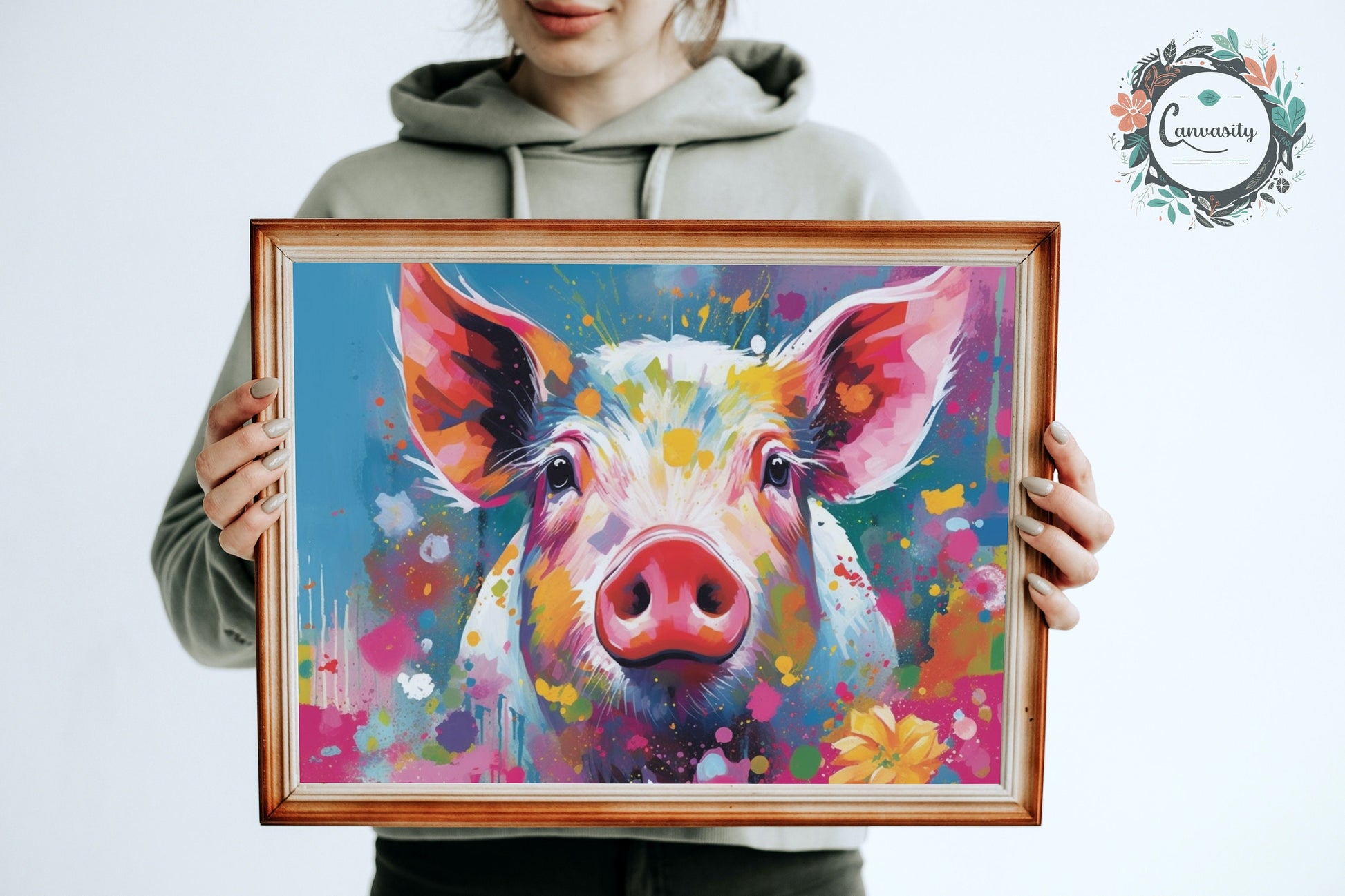 Colorful Pig Poster. Rainbow Animal Wall Art Floral Print. Gift for piglet lover, farmer, mom. Nursery Print, Bedroom Bathroom Office Art - CanvasityCrafts - Free Shipping