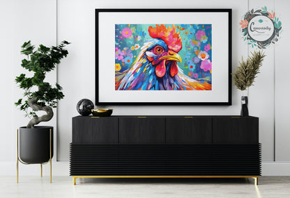 Colorful Rooster Poster. Rainbow Animal Wall Art Floral Print. chicken lover gift, farmer, mom. Nursery Print, Bedroom Bathroom Office Art - CanvasityCrafts - Free Shipping