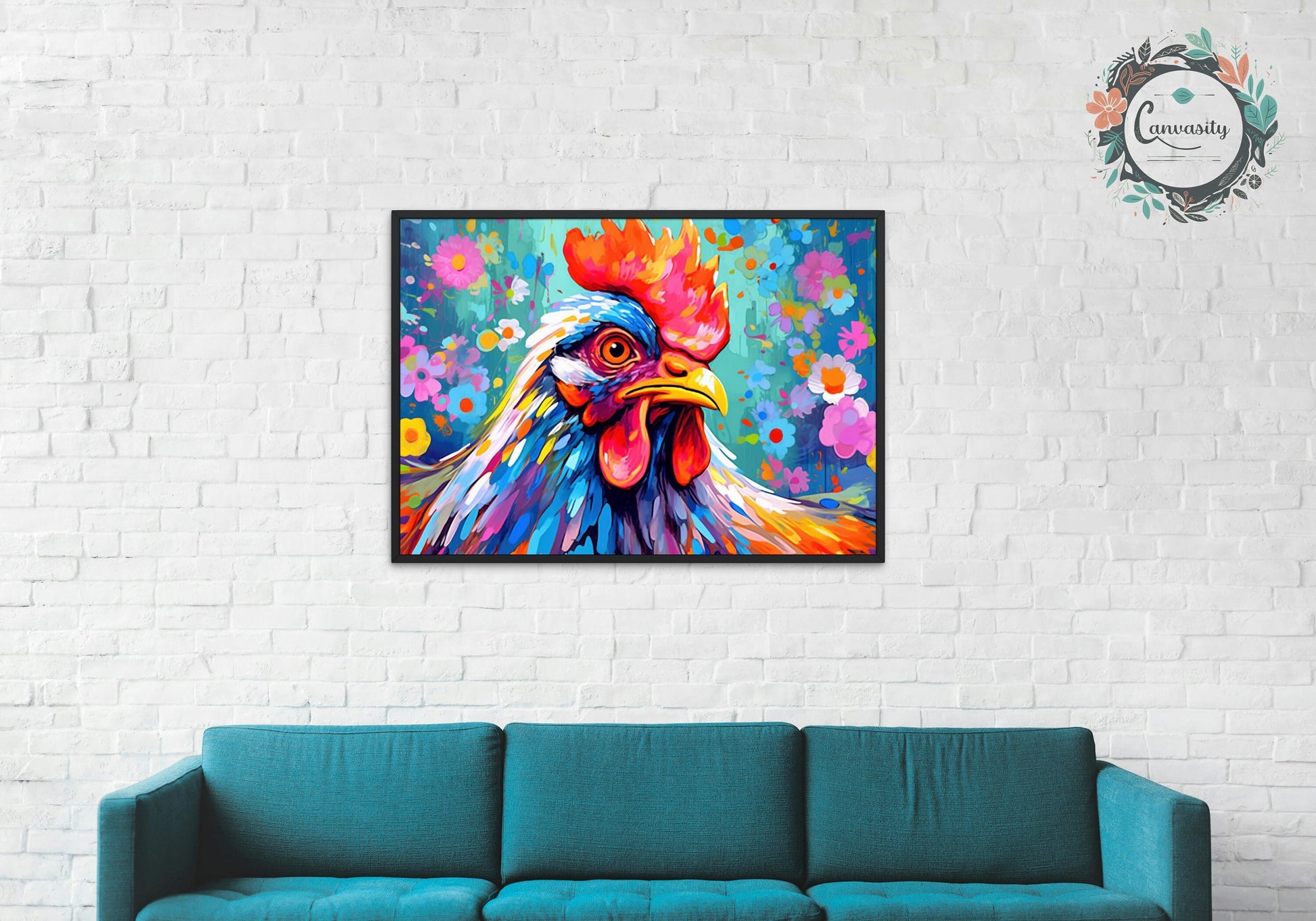 Colorful Rooster Poster. Rainbow Animal Wall Art Floral Print. chicken lover gift, farmer, mom. Nursery Print, Bedroom Bathroom Office Art - CanvasityCrafts - Free Shipping