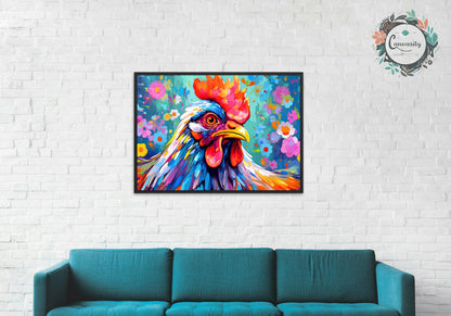 Colorful Rooster Poster. Rainbow Animal Wall Art Floral Print. chicken lover gift, farmer, mom. Nursery Print, Bedroom Bathroom Office Art - CanvasityCrafts - Free Shipping