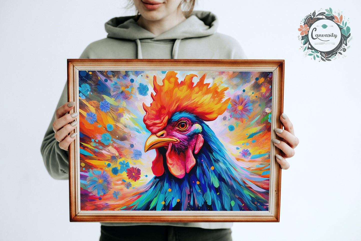 Multi-colour Rooster Poster Print. Colourful Animal Wall Art for Chicken lover, farmer, mom gift. Pop Art Watercolor Watercolour Farm Decor - CanvasityCrafts - Free Shipping