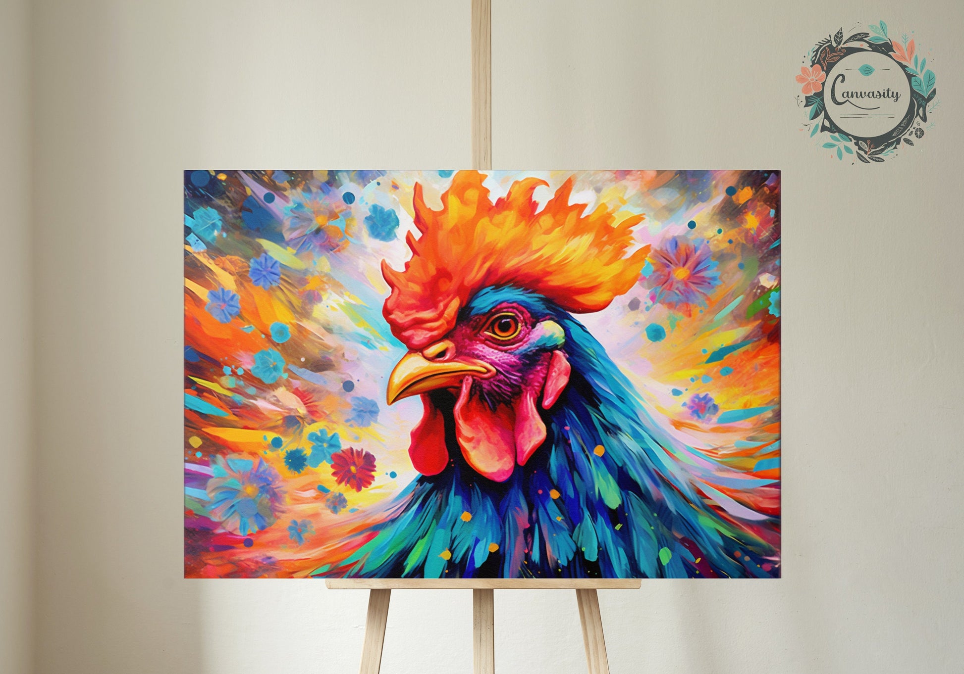 Multi-colour Rooster Poster Print. Colourful Animal Wall Art for Chicken lover, farmer, mom gift. Pop Art Watercolor Watercolour Farm Decor - CanvasityCrafts - Free Shipping