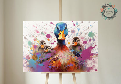 Colorful Mother Duck and Ducklings Poster. Rainbow Animal Wall Art Floral Print. Gift for duck lover, farmer, mom. Bathroom, Office Print - CanvasityCrafts - Free Shipping