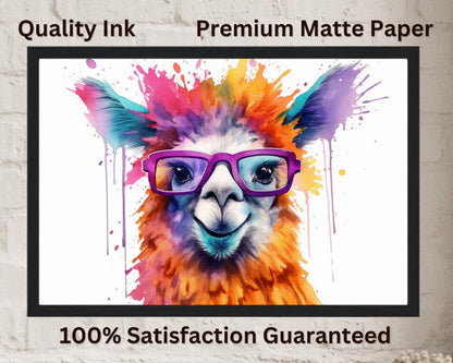 Watercolor Llama with Glasses Funny Print - Colorful Animal Wall Art Painting Poster, Farmer Gift, Alpaca Farm Decor - CanvasityCrafts - Free Shipping