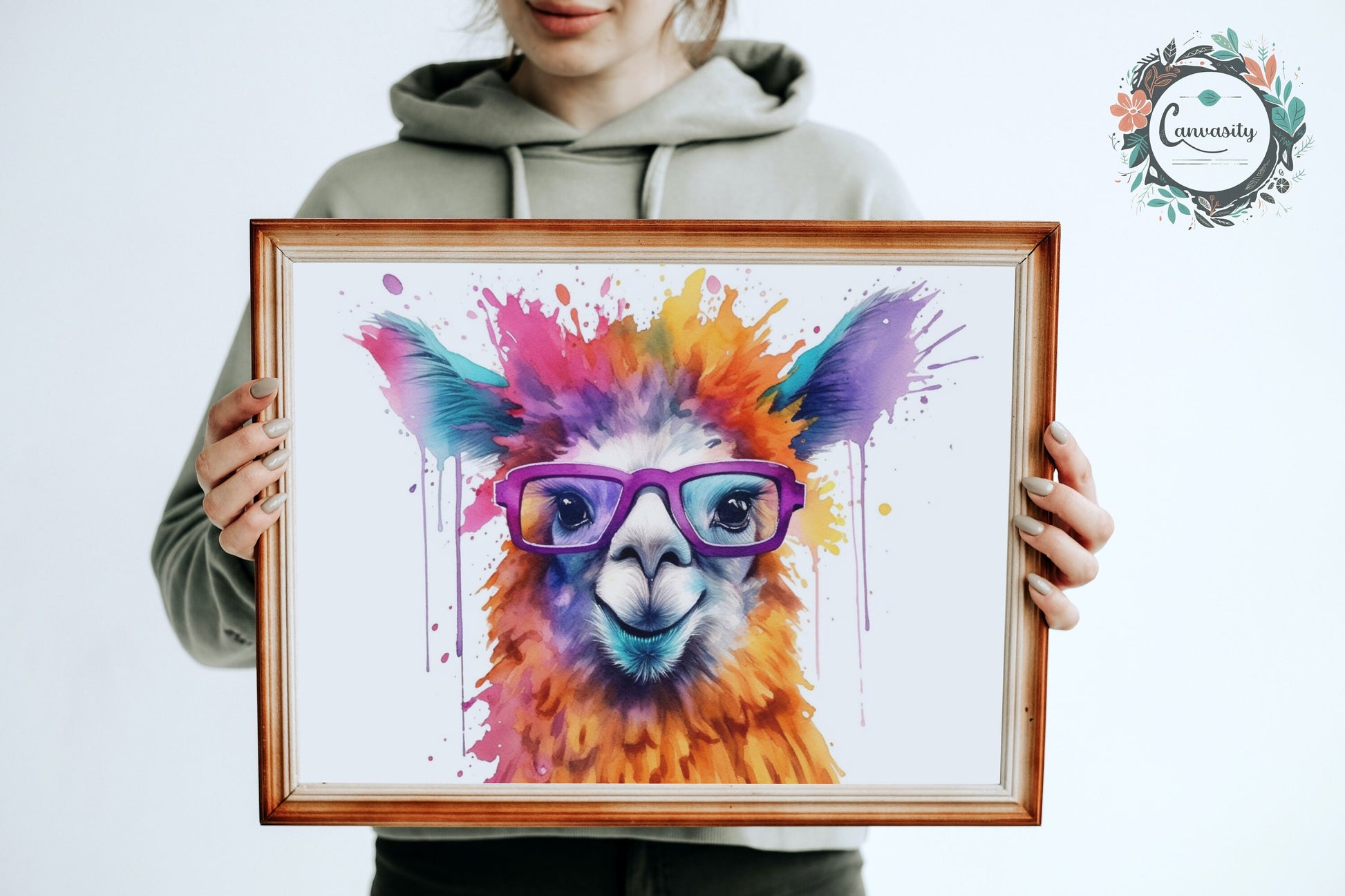 Watercolor Llama with Glasses Funny Print - Colorful Animal Wall Art Painting Poster, Farmer Gift, Alpaca Farm Decor - CanvasityCrafts - Free Shipping