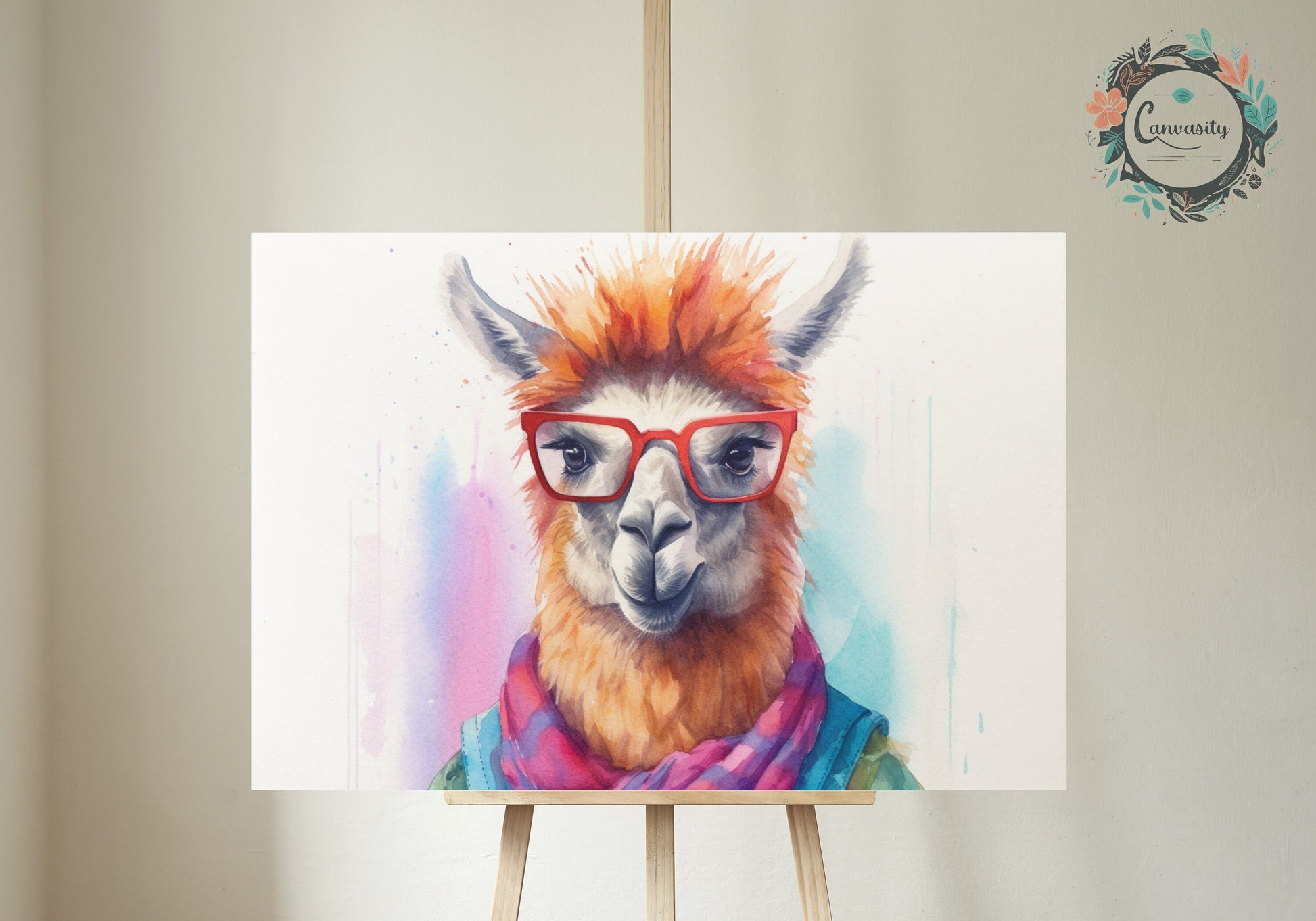 Watercolor Llama with Glasses Funny Print - Colorful Animal Wall Art Painting Poster, Farmer Gift, Alpaca Farm Decor - CanvasityCrafts - Free Shipping