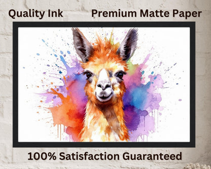 Watercolor Happy Llama Print - Colorful Animal Wall Art Painting Poster, Farmer Gift, Alpaca Funny Farm Decor - CanvasityCrafts - Free Shipping