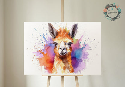 Watercolor Happy Llama Print - Colorful Animal Wall Art Painting Poster, Farmer Gift, Alpaca Funny Farm Decor - CanvasityCrafts - Free Shipping