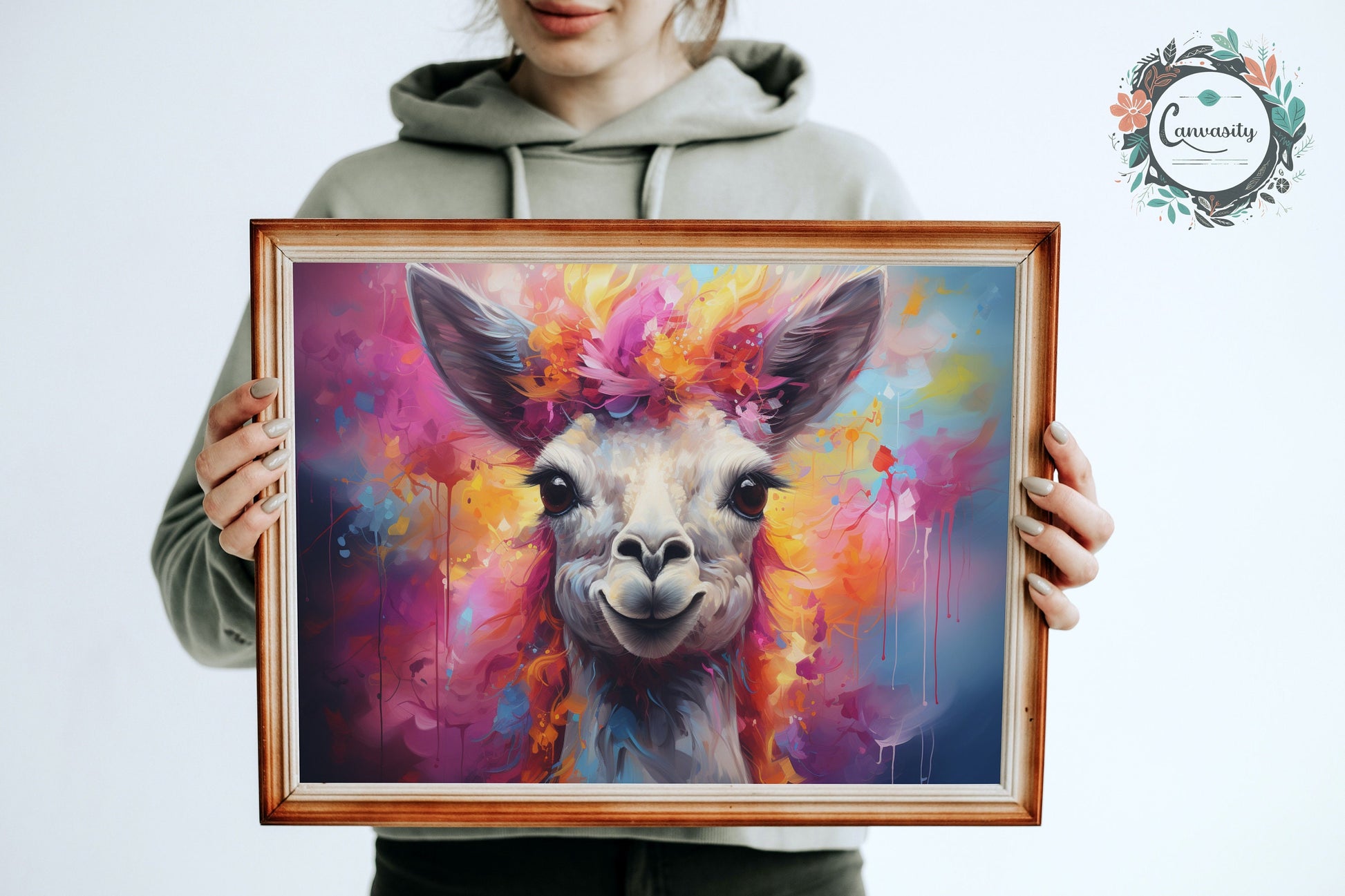 Floral Llama Print - Colorful Flowers Animal Wall Art Painting Poster, Farmer Gift, Alpaca Funny Farm Decor - CanvasityCrafts - Free Shipping